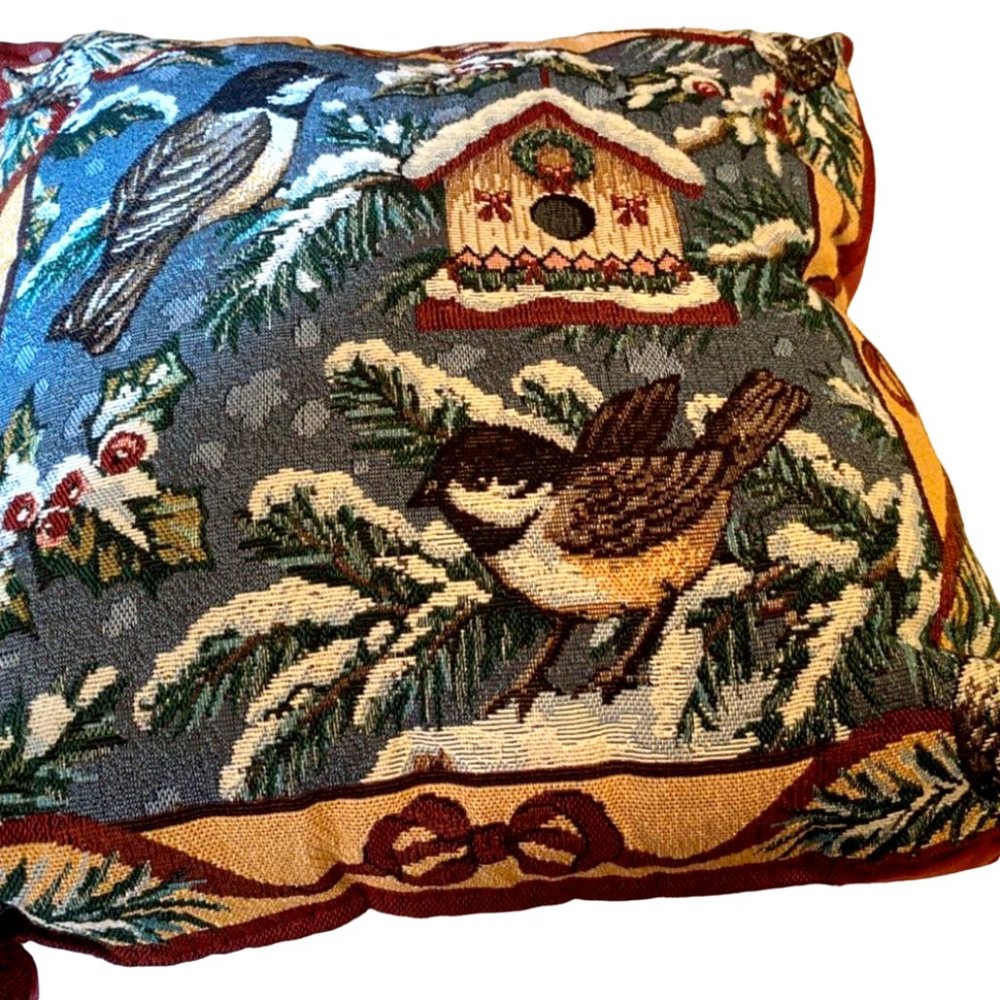 Christmas Winter Birds Scene Tapestry Throw Pillow 15 X 15